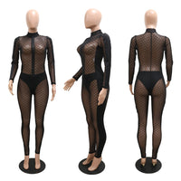 Long Sleeve Turtleneck Mesh Zipper Sexy Tight-fitting Perspective Splicing bodysuit