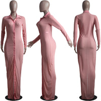 Long Dress Solid Mesh See Through Full Sleeve Single Breasted Stretchy Shirt Bodycon Maxi Dress Beachwear
