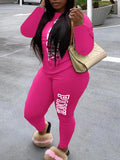 Plus Size avail Two Piece Pink Letter Print Long Sleeve O Neck Top and Sheath Stretchy Casual Pants Matching Sets