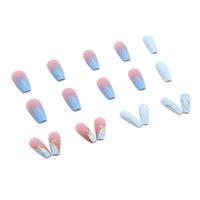 24pcs Wearable Fake Nails Blue Smudged Medium Long Coffin Gold Foil False Nails Full Cover Nail Tips Set Press On Nails DIY Tool - Divine Diva Beauty