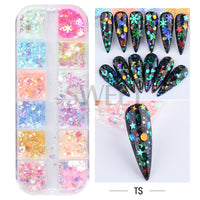 12 Grids Opal Dream Crystal Sequins Nail Flake Galaxy Iridescent Aurora 3D Paillette for Winter Autumn Manicure Decoration