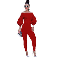 Solid Off The Shoulder Jumpsuits Autumn Half Lantern Sleeve Skinny One Piece Bodysuit