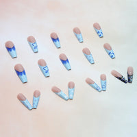 24Pcs Heart Eye French Coffin False Nails Blue Smile Design Ballerina Fake Nails Full Cover Nail Tips Press On Nails