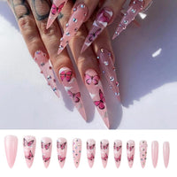 24Pcs Press On Nails Long Stiletto False Nails With Glue Pink Butterfly Cloud Rhinestones Design Acrylic  Nail Detachable