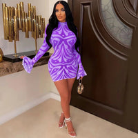 Paisley Mesh Ruffles Flare Long Sleeve Bodycon Midi Dress