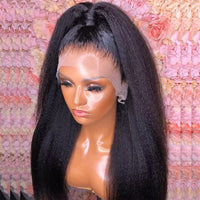 Yaki 26 Inch Long Black Kinky Straight Synthetic Lace Front Wig  Babyhair  Glueless Preplucked Heat Fiber Wig