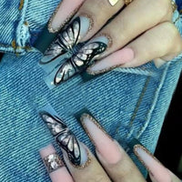 Pink Marble Smudge False Nails Glitter Rhinestone Butterfly Design Long Coffin Ballet Press On Nails Detachable Fake Nail Tips