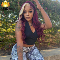 Wine Red With Blonde highlight Colored Body Wave Brazilian Human Hair Wig 13X6 Transparent Lace Frontal Wig Pre-Plucked