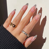 Stiletto False Nails Full Cover Nail Tips Almond Fake Nails With Heart Gold Line Pearl Design Press On Nails Full Cover Nail Tip