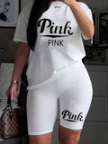 Plus Size avail Two Piece Pink Letter Print T-shirt and Casual Skinny Shorts Matching Set