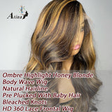 Body Wave 360 Full Lace Frontal Wig Ombre Highlight Honey Blonde Colored HD Lace Front Wig Human Hair Water Wave - Divine Diva Beauty