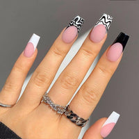 24pcs/Box French Black white Coffin False Nail Tips Press On Nails Ballerina Geometry Fake Nails with Design Manicure Patches