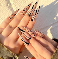 24pcs Long Stiletto False Nails Flower Tree Wearable French Fake Nails Press On Nails Leopard print Design Manicure Tips - Divine Diva Beauty