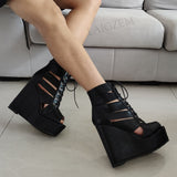 Platform Wedges Open Toe Faux Leather Lace Up Outs Hollow Female Ladies Shoes 11+