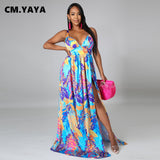 Long Dress Print Sleeveless Strap V-neck Empire Splited Maxi A-line Dress