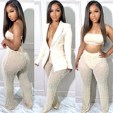 Women Blazer Pearls Pants Two Piece Set Long Sleeve Single Button Jacket Top See Through Mesh Trousers Fashion Suits