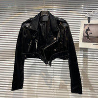 Autumn Moto Style Embroidery Letters Black Bright Pu Faux Leather Jacket outerwear