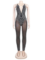 Sparkle Sheer Mesh Crystal Rompers Womens Glam See-Through Rhinestone Long bodysuit Jumpsuits