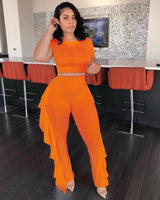 Solid Tracksuit O Neck Short Sleeve Crop Top + Ruffles Pants Slim Two Piece Set