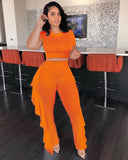 Solid Tracksuit O Neck Short Sleeve Crop Top + Ruffles Pants Slim Two Piece Set