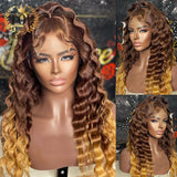 Ombre Color Remy Brazilian Human Hair Wigs  13x6 Lace Front Deep Wave Wig Preplucked Hairline