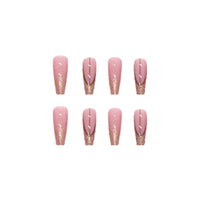 Gold Rhinestone Powder Pink French Nails Press on Fingernails