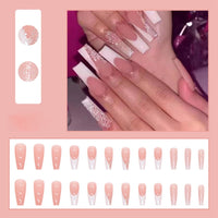 24pcs Detachable Long Ballet Nail Pink Gradient Shiny Heart Broken Diamond Coffin False Nails Press On Nails Ballerina Fake Nail