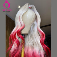 Ombre Red Platinum Blonde Body Wave Synthetic 13×4 Transparent Lace Front Wig Glueless Preplucked