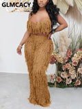 Women Two Piece Knitted Hollow Out Beach Suits Spaghetti Strap Crop Top See Through Loose Pants Set