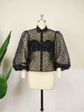 Plus Size avail Tops Rose Turn Down Collar Long Puff Sleeve See Through Organza Polka Dot Blouse shirt