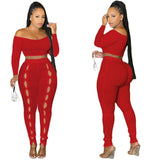 Sexy Off Shoulder Two Piece Set Women Long Sleeve Top Hollow Out Button Pencil Pants 2 Piece Outfit
