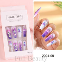 24 Pcs Full Cover False Nails Rhinestones Charms Press On Fake Nails Wearable Fake Nails Artificial Manicure Accessories