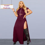 Plus Size avail Two Piece Sets Hooded Sleeveless Top Split Long Skirt Suits