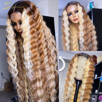 Ombre 613 Blonde Highlight Colored Human Hair Wig Deep Wave HD Lace Frontal Wig Curly Lace Front Wig  Preplucked 13x4x1 - Divine Diva Beauty