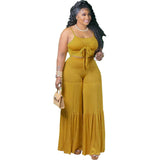plus size avail Solid Color Outfits Stitching Lace Up Sling shirt Tops Casual Wide Leg Pants Suit
