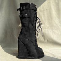 Calf High Boots Side Zip Round Toe Wedge Heels Faux Suede Tall Boots Shoes Woman Botas 11+