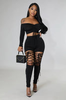 Off the Shoulder 2 Piece Set Women Sexy Long Sleeve Lace Up Ruched Crop Top Cut Out Lace Up Pants