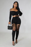 Off the Shoulder 2 Piece Set Women Sexy Long Sleeve Lace Up Ruched Crop Top Cut Out Lace Up Pants Skinny Club Party Outfits Sets