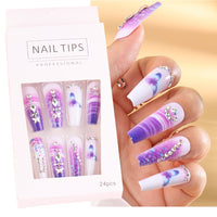 24 Pcs Full Cover False Nails Rhinestones Charms Press On Fake Nails Wearable Fake Nails Artificial Manicure Accessories