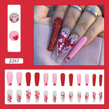 24Pcs/Box False Nails With Glue Red Pink Heart Design Press On Nails Wearable Fake Nails With Rhinestones Glitter Manicure Tips