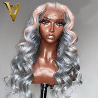 Grey Highlight Body Wave Lace Front Wig Light Pink Human Hair Wigs Brazilian Virgin 613 Transparent HD Lace Front Wig