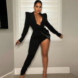 One Leg Blazer Jumpsuit Deep V Neck bodysuit