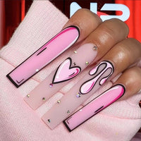 3D fake nails press on faux ongles long french coffin tips pink heart Graffiti DIY manicure supplies false acrylic nail kit