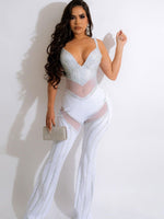 Sexy Crystal Mesh Patchwork Long Pants Jumpsuit