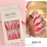 24 Pcs Full Cover False Nails Rhinestones Charms Press On Fake Nails Wearable Fake Nails Artificial Manicure Accessories