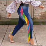 Plus Size avail Multicolor Tassel Patchwork Stretchy Skinny Jeans