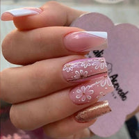 24Pcs Middle Length Ballerina Glitter Pink Color False Nails Design With Heart Pattern Artificial Fake Nails