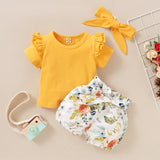 3PC Summer Clothes Short Sleeve Solid Color top + Floral Print outfit bby