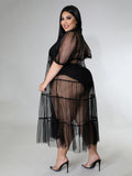 Plus Size avail Short Sleeve Summer Mesh Transparent Sexy Black Dress