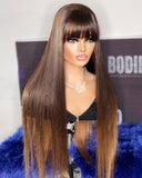 Straight Brown Wig With Bangs Fringe Human Hair Wig With Bangs Brazilian Remy Hair Glueless Full Machine Made 180%